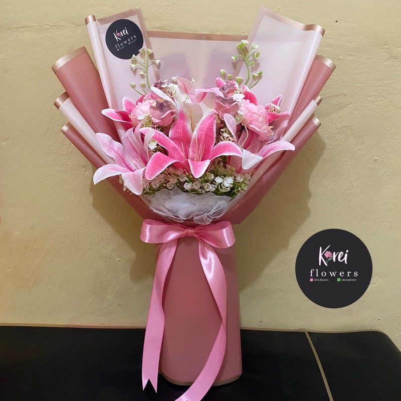 Buket Bunga Artificial Lily Pink/Buket Ready Stock Termurah/Buket Wisuda/Bouquet Bunga/Bucket Bunga/