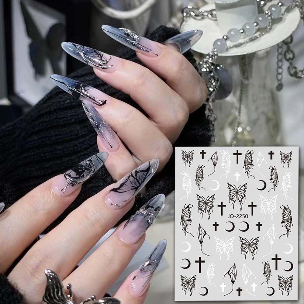 Agustina Stiker Kuku Kupu-Kupu Perekat Diri Ins Gaya Silver Cross Stars Hitam Putih Nail Art Dekorasi