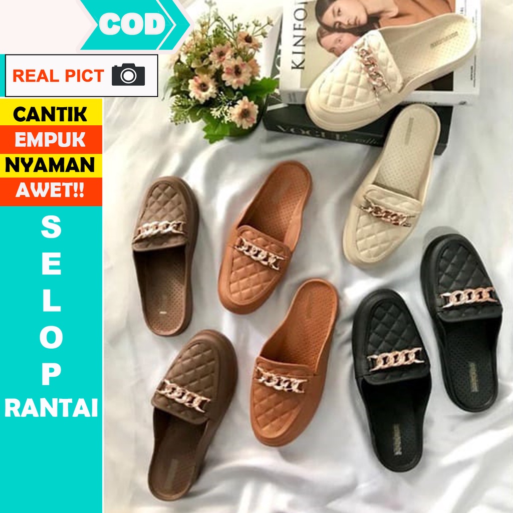 SEPATU SANDAL SELOP SLOP CEWE WANITA CEWEK PEREMPUAN SLIP ON RANTAI KEREN EMPUK SANTAI AWET | SENDAL SELOP RANTAI