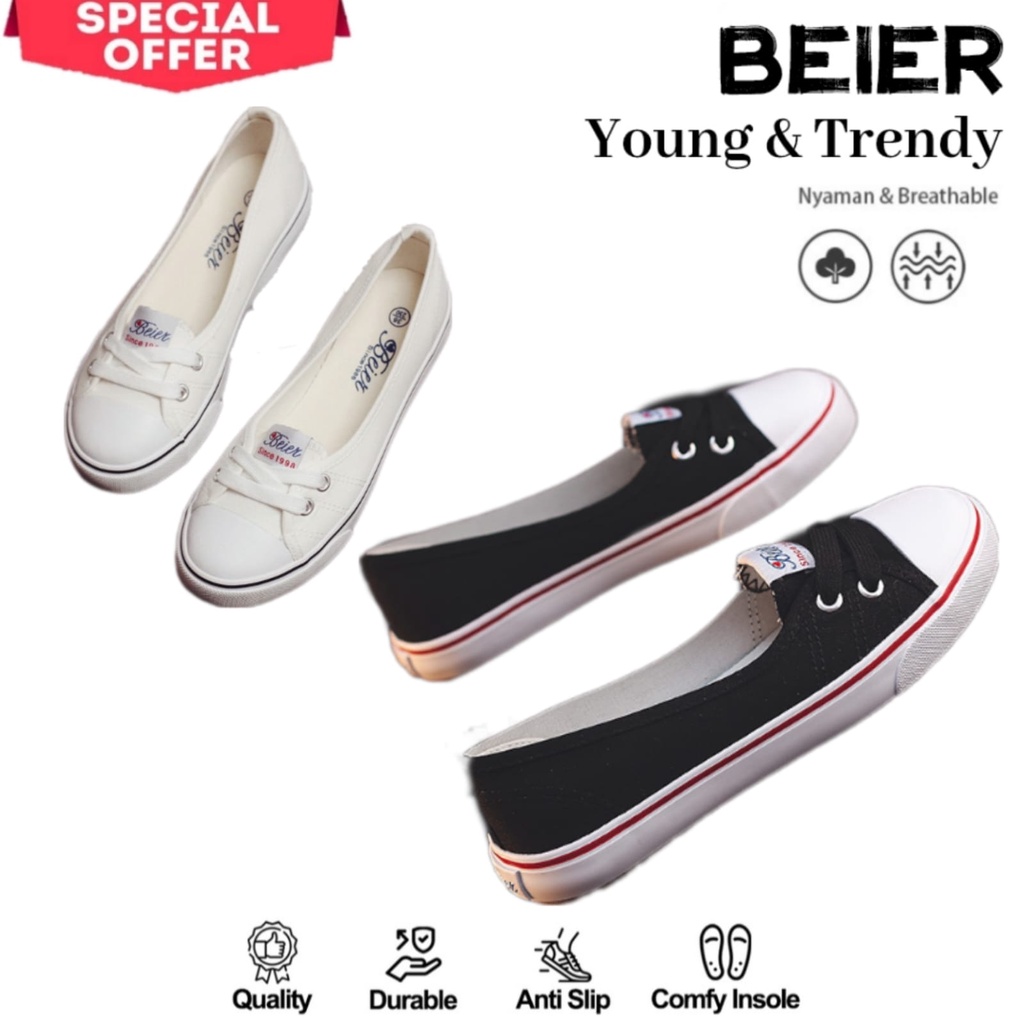 [ BEIER ] sepatu korea wanita import slip on flat kanvas//murah  shoes