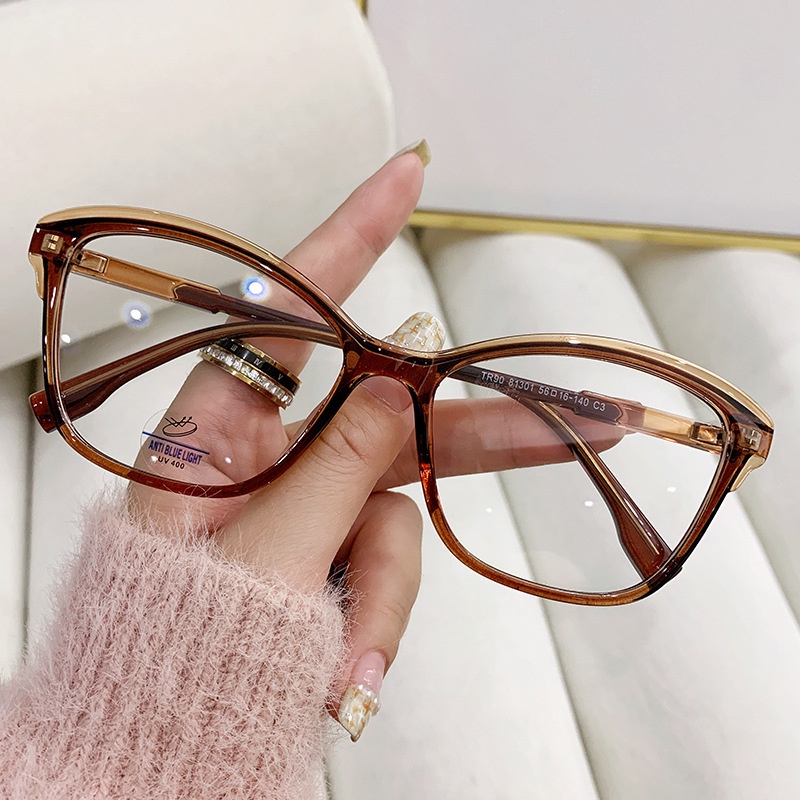 Tr90 Kacamata Cat Eye Lensa Flat Anti Sinar Biru Frame Metal Gaya Retro