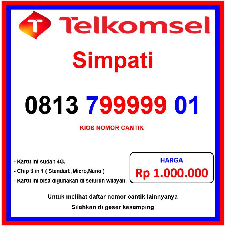 nomor cantik simpati 99999 kartu perdana telkomsel nomer cantik seri panca 0813 799999 01 4g lte lim