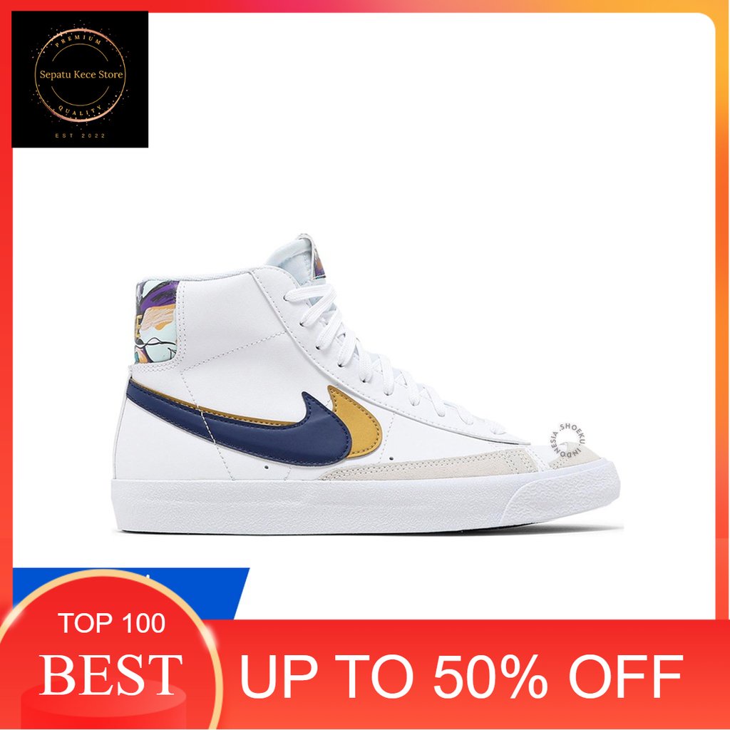 Sepatu Sneakers Nike Blazer Mid '77 SE GS 'Double Swoosh - White Gold Blue Void' Import Original Pri