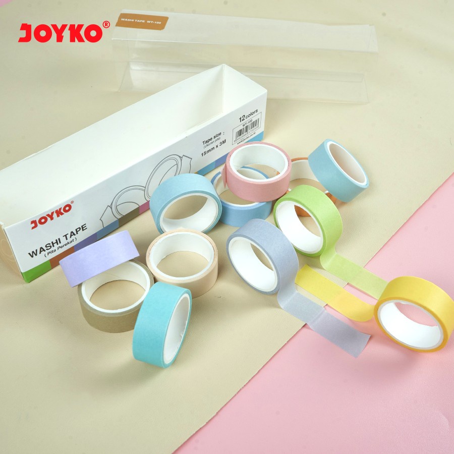 Lem Washi Tape Joyko WT-100 15mm x 3M 12 Warna Perekat Selotip Kertas Warna 15 mm x 3 M