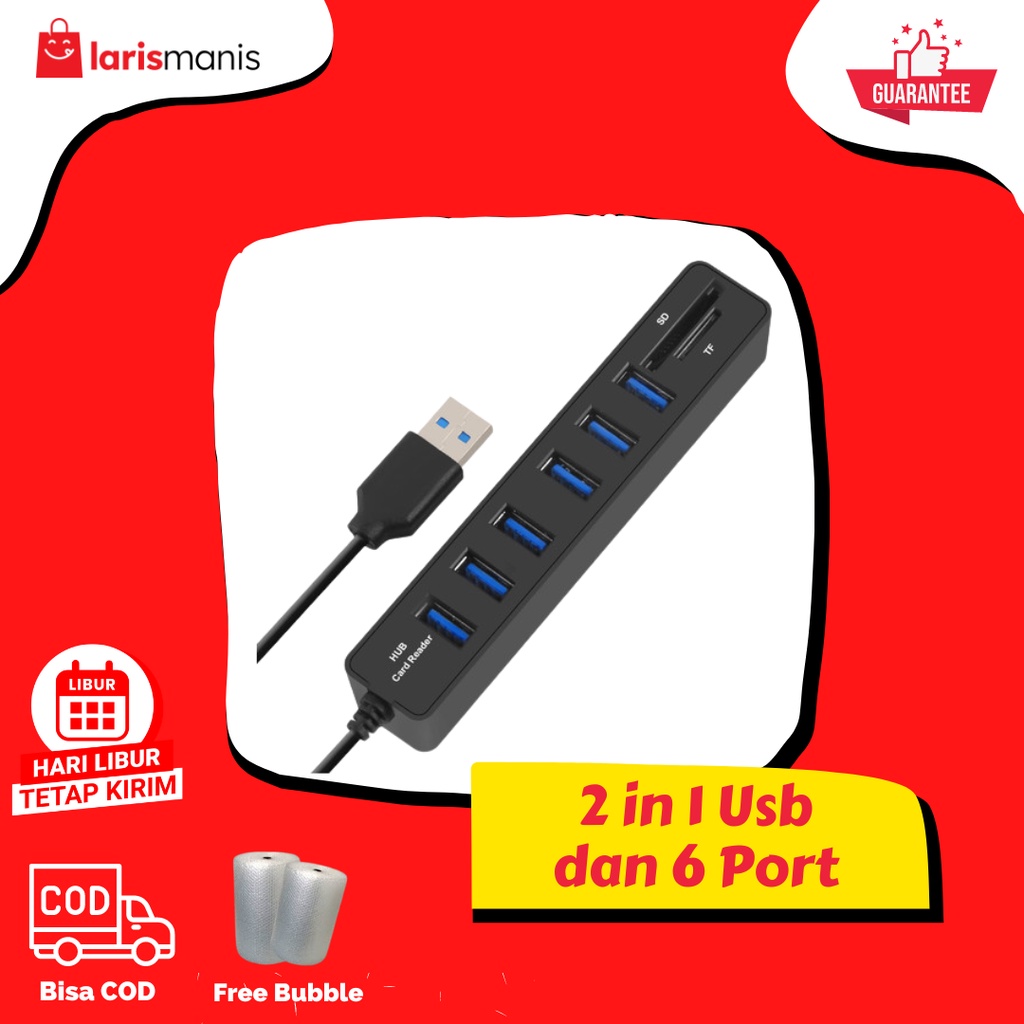 2 in 1 USB Hub 6 Port Combo Card Reader SD/TF Card Colokan Kabel Data Elektronik Micro SD Kabel Data Untuk Komputer Laptop USB Port