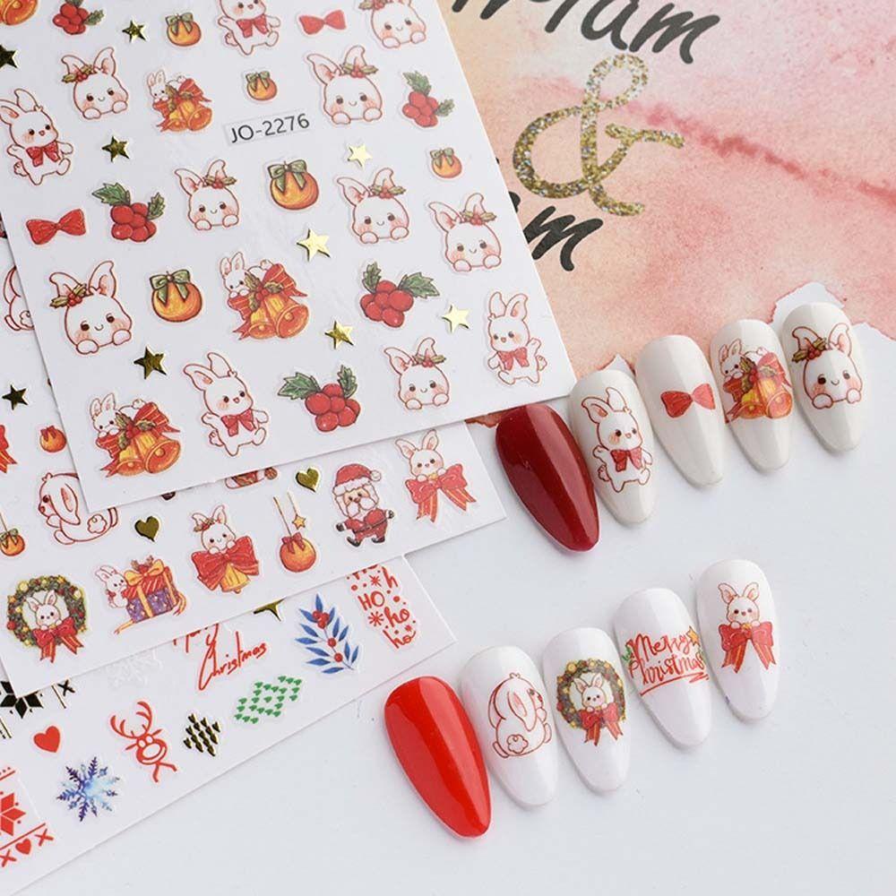 AUGUSTINA Agustina Natal Stiker Kuku Fashion Snowman Kartun Kelinci Manicure Aksesoris Snowflake Santa Claus Nail Art Dekorasi