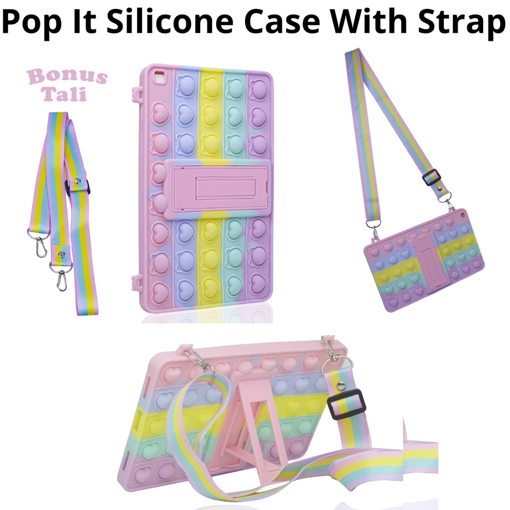 Apple iPad Mini4 5 6 iPad 5 6 7 8 9 iPad Air 1 2 Pro 9.7 Pop It Silicone Soft Case Strap SoftCase Motif Push Pop It + Tali Case Bubble