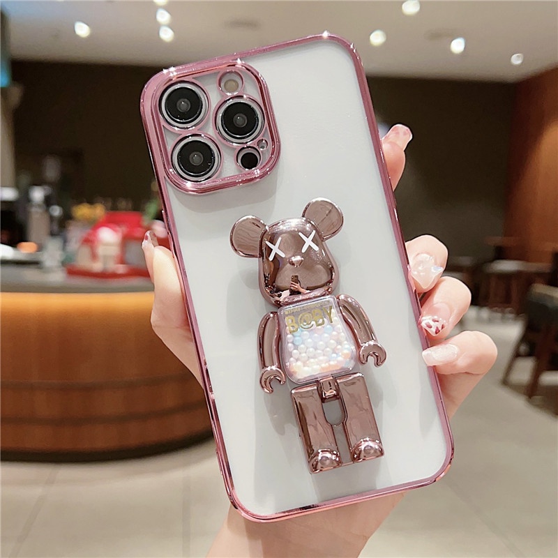 IPHONE Plating multi-Fungsional violent bear bracket Casing Ponsel Transparan Kompatibel Dengan Iphone14 13 12 11 Pro Max14 Plus Casing Soft shockproof Anti Jatuh