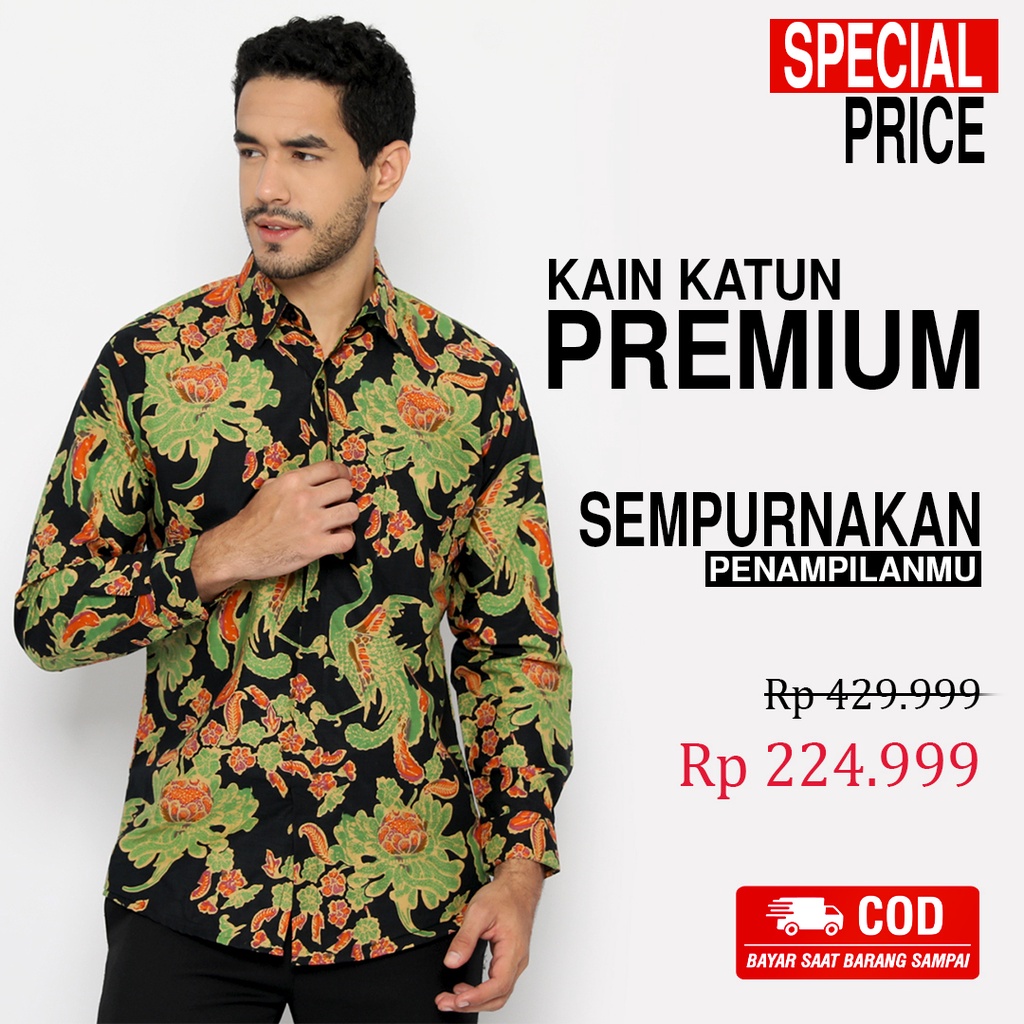 BATIK PRIA LENGAN PANJANG Kemeja Hem Slimfit Premium Motif Burung Warna Hitam Hijau 721017 CAP 72 - Baju Kemeja Atasan Pakaian Setelan Batik Pria Cowok Laki Laki Remaja Keluarga Kantor Lengan Panjang Modern Slimfit Slim Fit Premium Kekinian