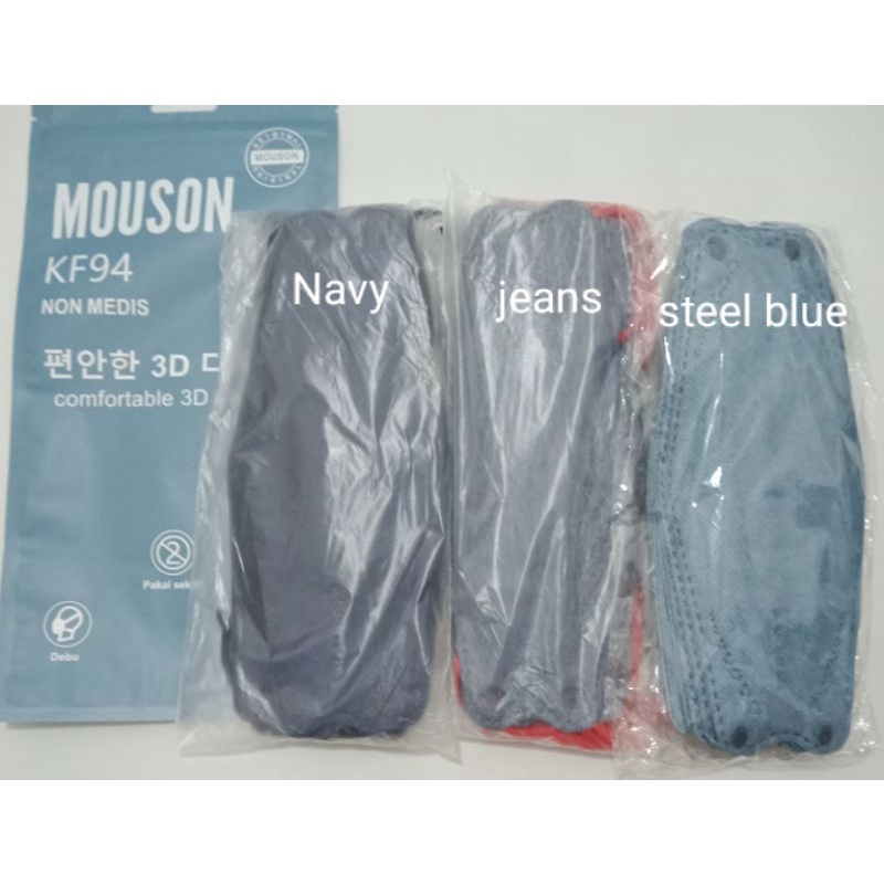 READY MASKER KF94 KF MOUSON biru navy JEANS BIRU TALI MERAH FACE MASK KOREA ISI 10 LBR PER PACK