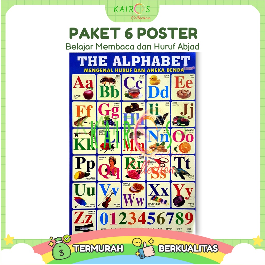 Poster Edukasi Anak Belajar Membaca dan Huruf Abjad Paket Isi 6 Pcs