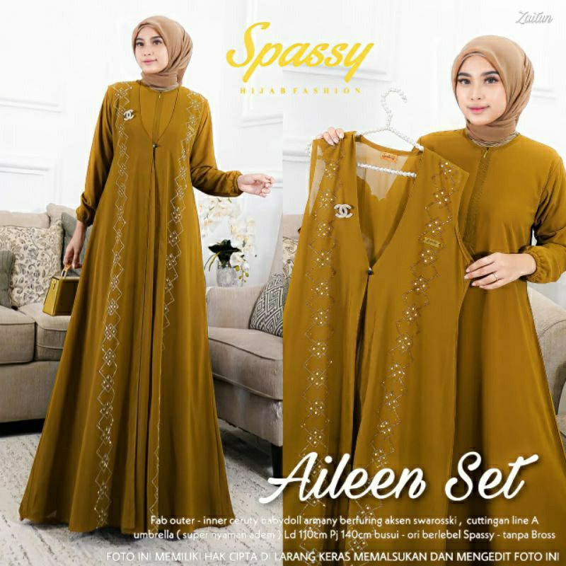 Aileen Set Setelan Dress Gamis Dewasa Kekinian Terbaru Bahan Ceruty Babydoll Fashion Muslim Muslimah