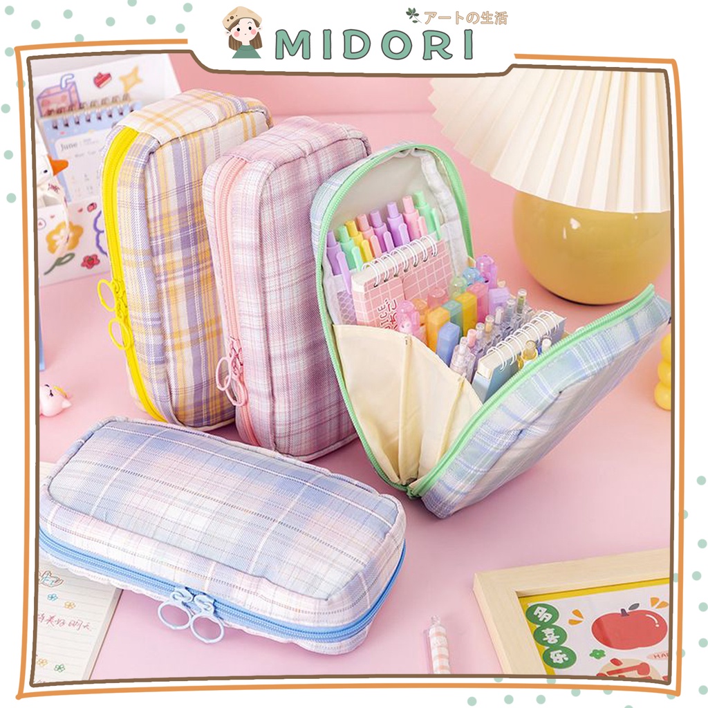 

[MIDORI] Kotak Pensil Grid kanvas Macaron Kapasitas Besar Portabel Multifungsi Style Stationery - F0182