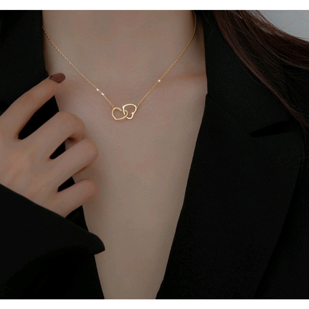 Kalung Titanium Love Double Gold Lapis Emas 24K Anti Karat Kalung TITANIUM Liontin Motif LOVE / Kalung Liontin Perempuan Wanita Anti Karat Dan Luntur