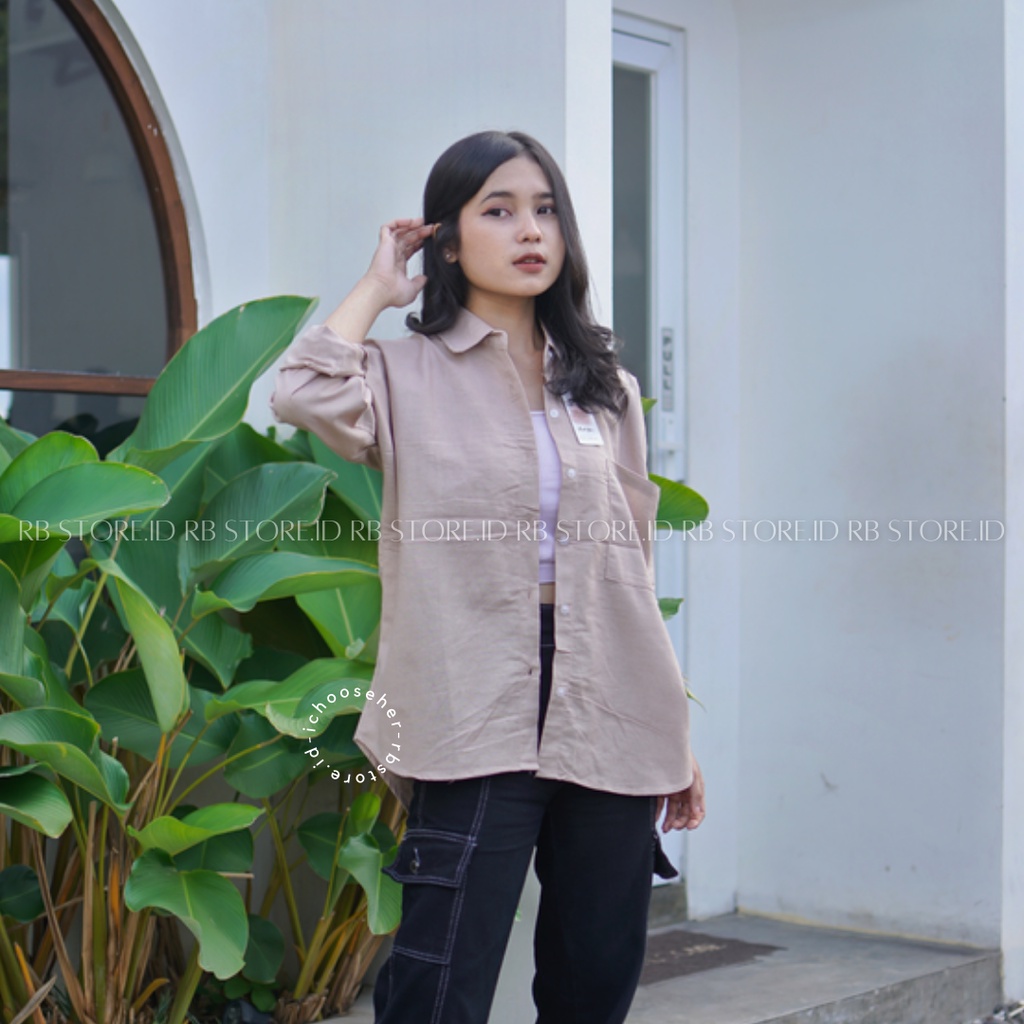 Kemeja Wanita Linen Oversize Olivia Shirt Linen Pocket-OLIVIA CREAM