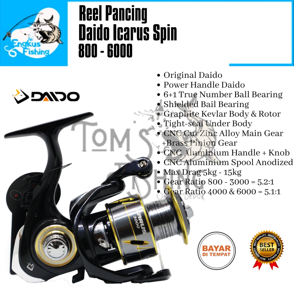 Reel Pancing Daido Icarus Spin 800 - 6000 (6+1 Bearing) Power Handle Full Seal Bearing -  Engkus Fishing