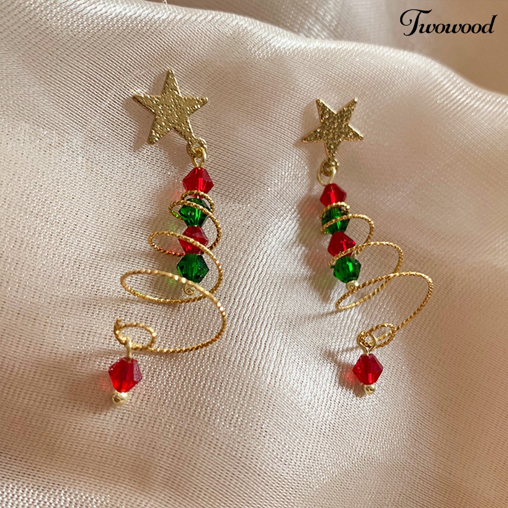 1 Pasang Anting Menjuntai Desain Pohon Natal Bintang Lima Sudut Warna Kontras Untuk Hadiah Wanita