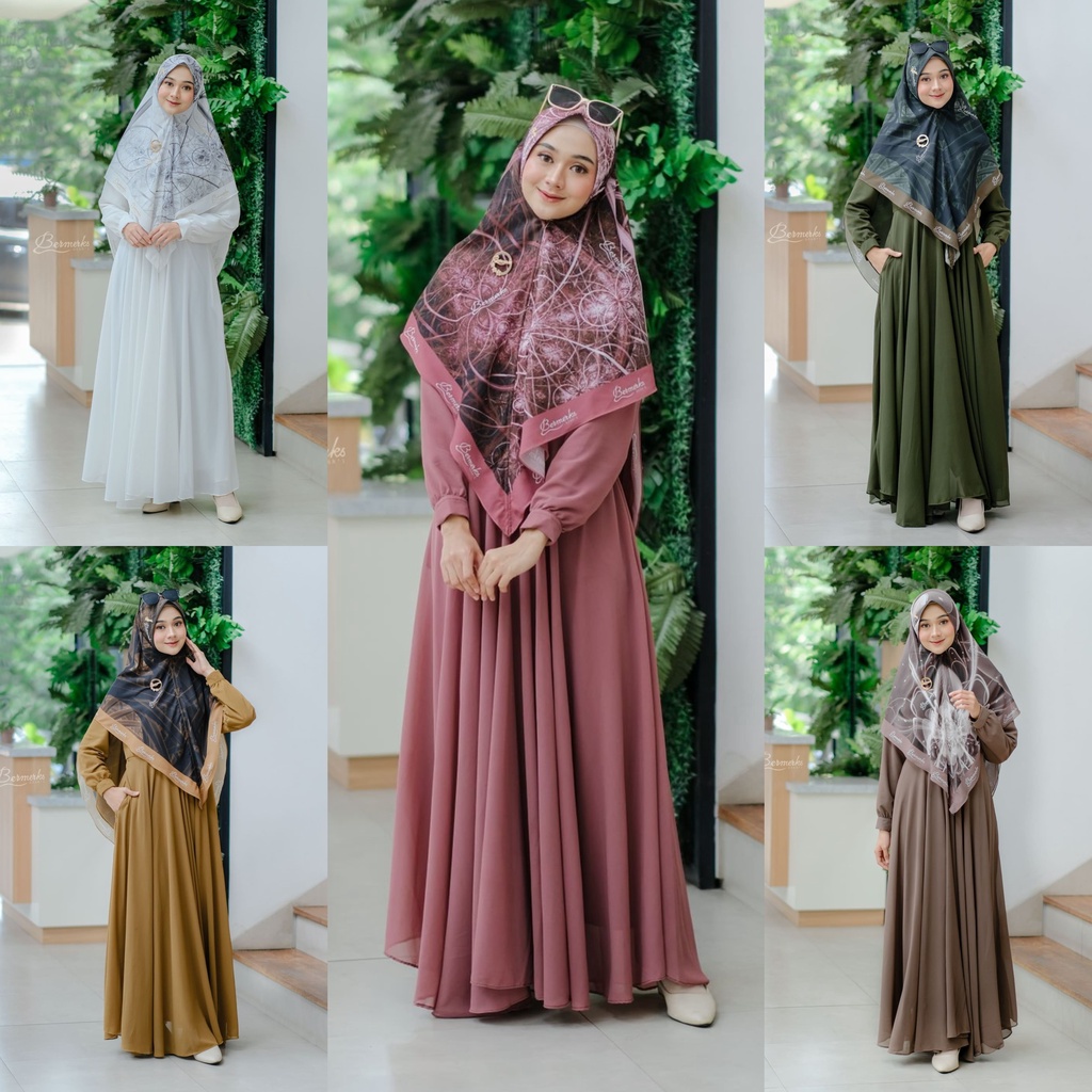 Gamis Ceruty babydoll set khimar motif terbaru Arawinda Maharani Anjani Jamilah zaskya mazaya ori bermerks syari terbaru