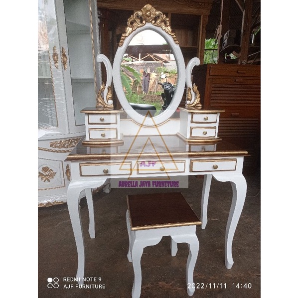 ajf kode MR 001 ; meja rias kartini putih duco / tolet kartini kayu jati murah / cermin rias minimal