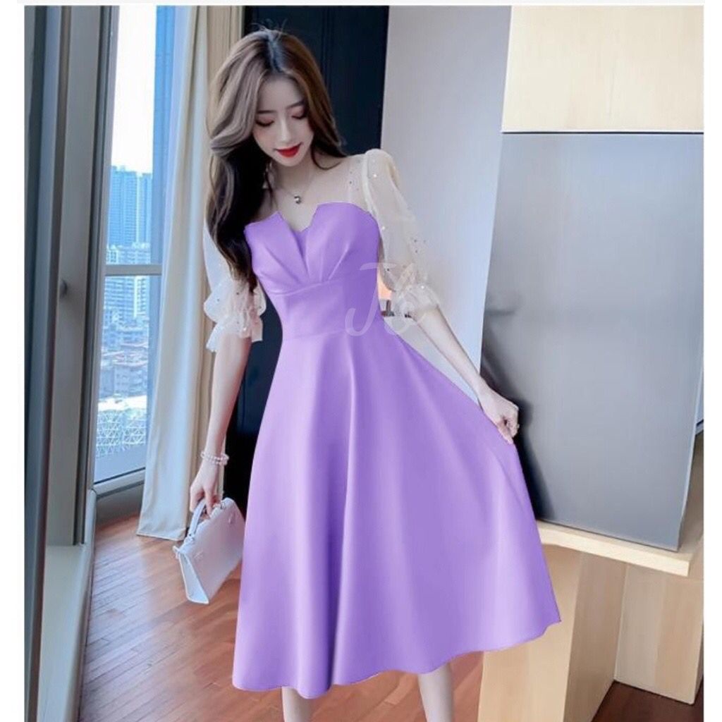 Dress Pesta Wanita Polos Dress Brokat Pesta Tile Gliter Baju Kondangan Wanita Korea Baju Pesta Bruka