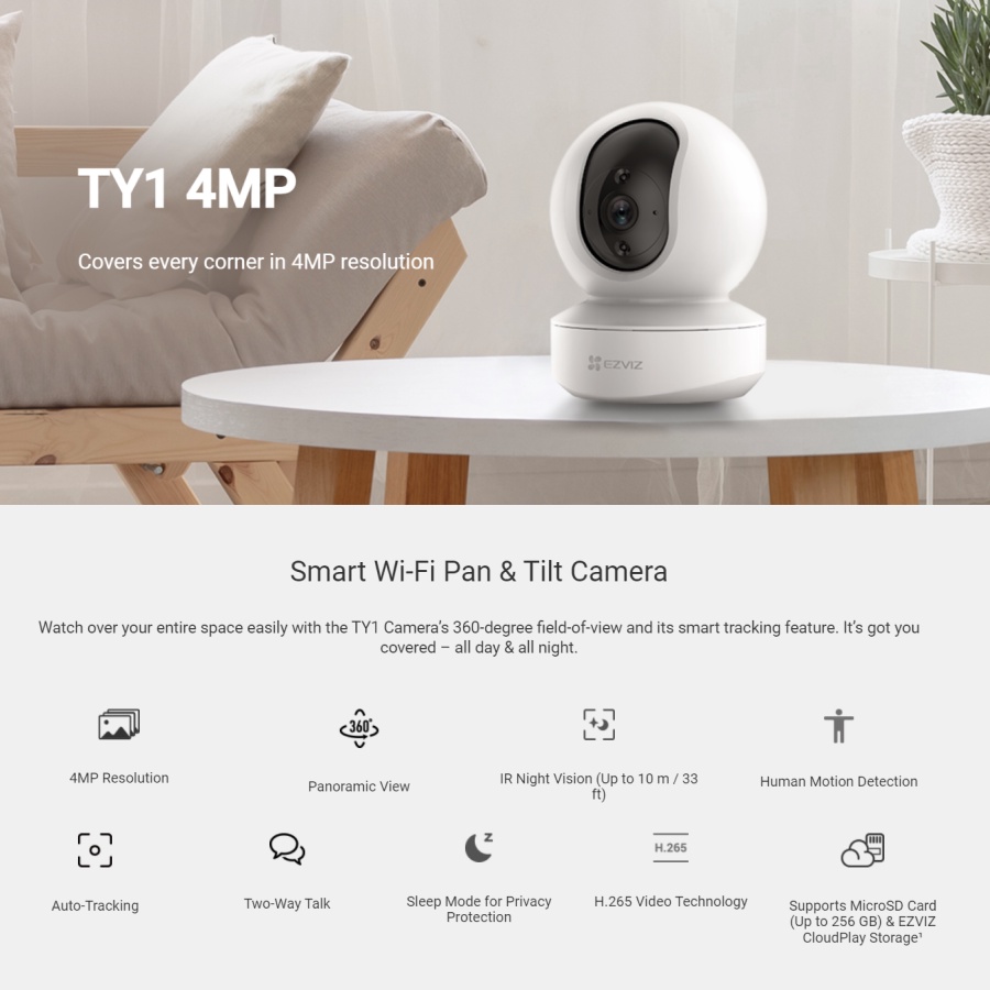 EZVIZ TY1 4MP 2K Smart IP Camera Indoor CCTV Camera Wifi 1440p 360 Resmi Original Not C6N