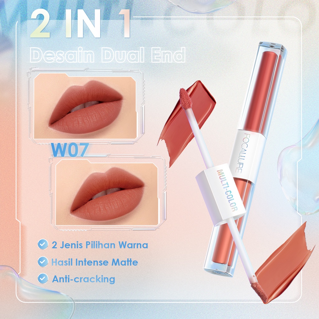 FOCALLURE 2 In 1 Lip Matte Waterproof Lipstik Lip Gloss Dual Stick Tahan Lama Hingga Liquid Lipstick Lip Gloss 6 Jam