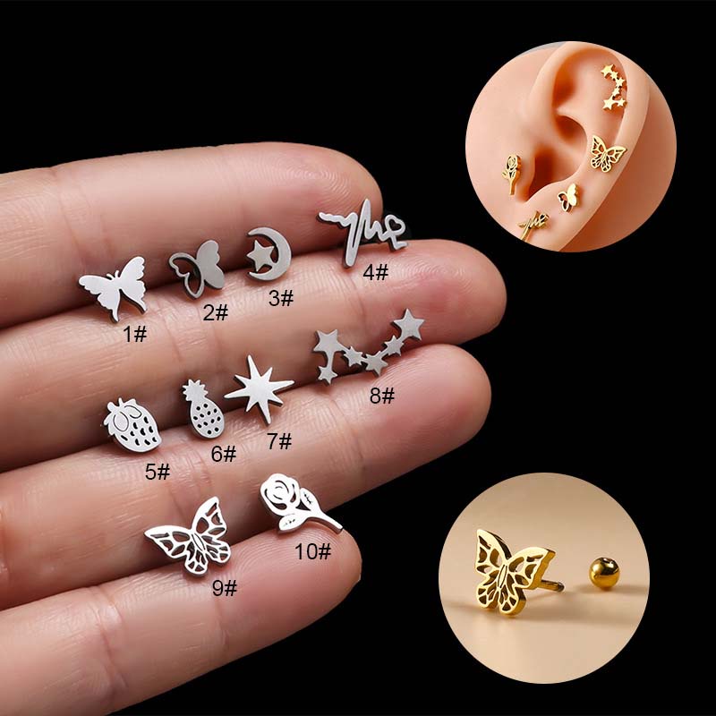 1pc Anting Tindik Hypoallergenic Bentuk Kupu-Kupu Hollow Bahan Stainless Steel