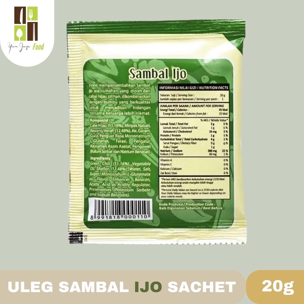 Uleg Sambal Ijo Finna 20g [Sachet] 10 Pcs/1 RENCENG