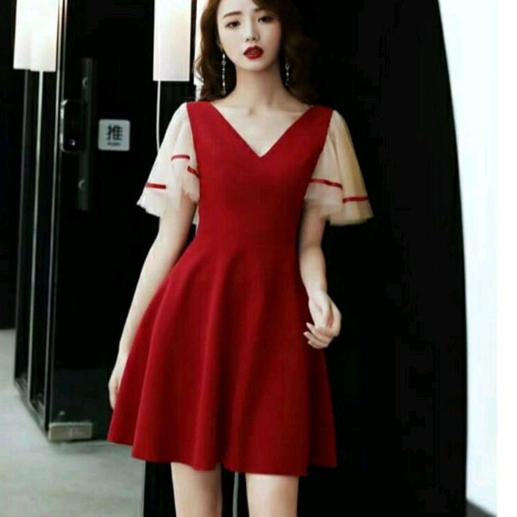 Flare Baju minidress mini dress gaun pesta dres Korea Korean style merah pendek wanita import baju m