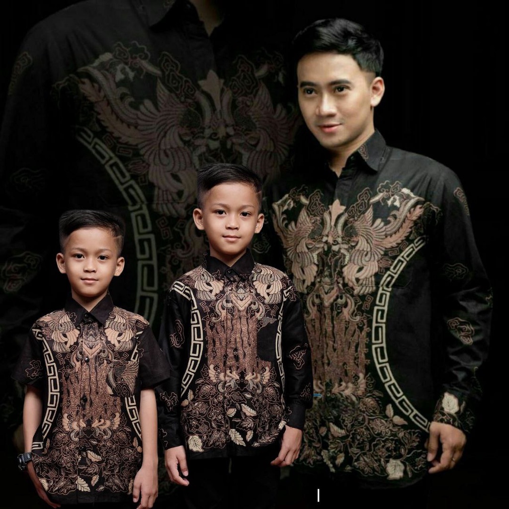 Kemeja Batik Pria Lengan Panjang Couple Batik Ayah Anak laki-laki Warna Hitam Motif Kluwung