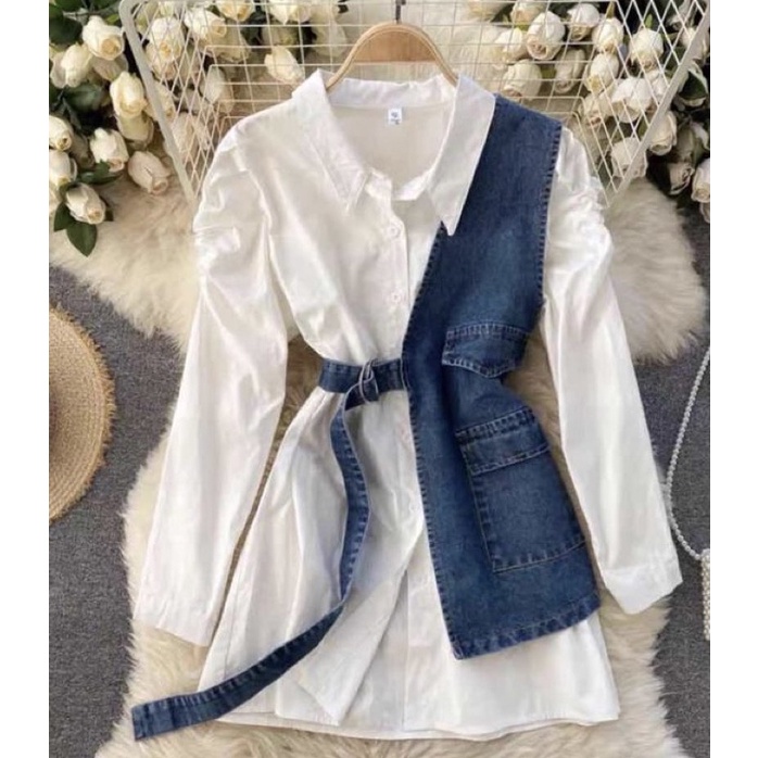 Shirt with Denim Vest 2 in 1 Set / Atasan Kemeja Putih Baju Wanita dengan Rompi Jeans Import Premium Best Seller