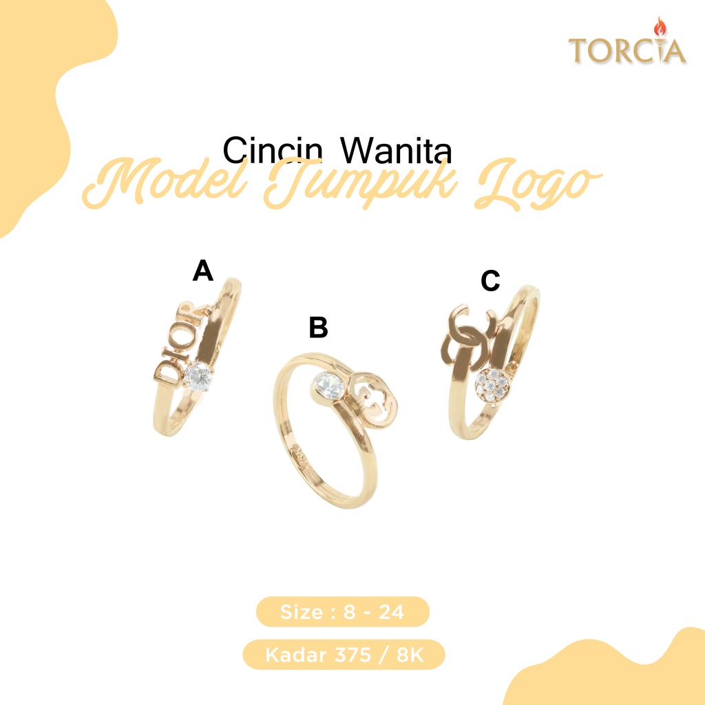 Cincin Wanita Emas Asli Model Tumpuk Logo Kadar 375 Torcia