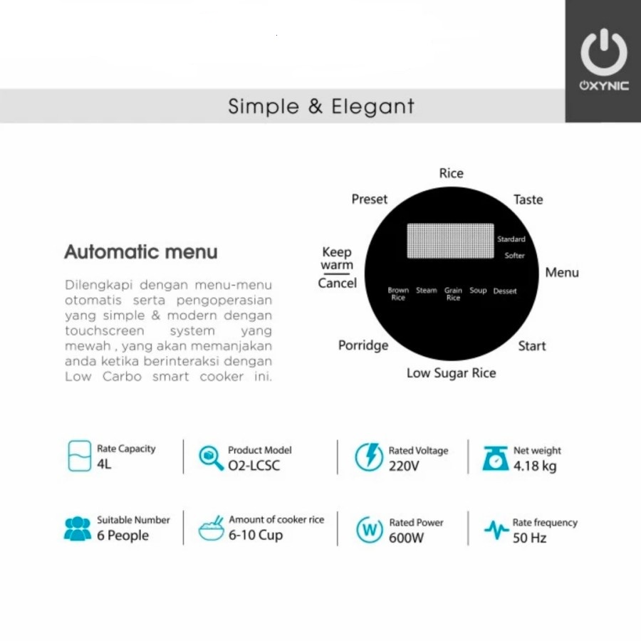 Smart Cooker Low Carbo Oxynic Capacity 4L / 600 Watt Touchscreen Panel