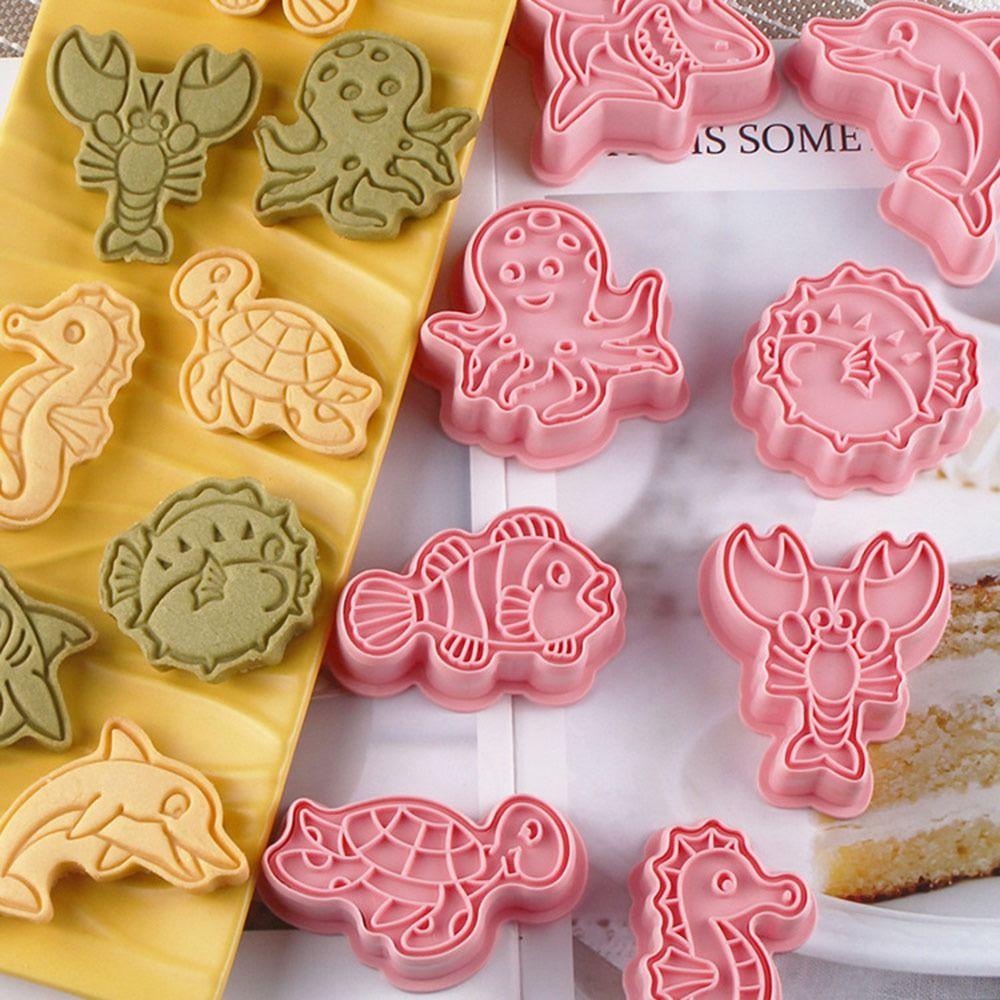 Preva 8pcs/set Hewan Laut Pastry Menghias Kue Alat Dolphin Hiu Kuda Laut Gurita Kura Plastik 3D Cookie Cutter