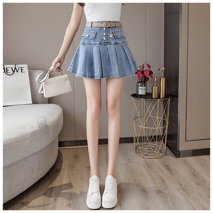 Rok Pendek Miniskirt Denim Jeans Kancing Lipit Gaya Korea