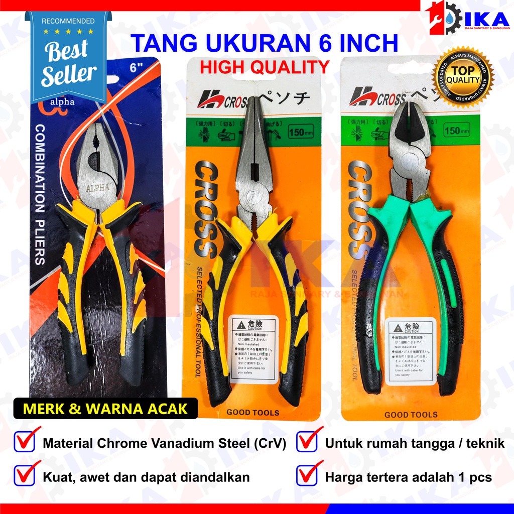 Tang combinasi kombinasi 6 inci blister bahan baja gagang karet / Tang Lancip / Tang Potong