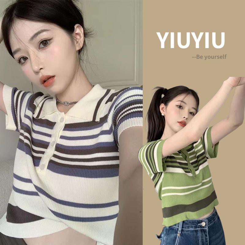 YIU YIU Rajut - Korean Atasan Rajut Stripe Wanita Lengan Pendek