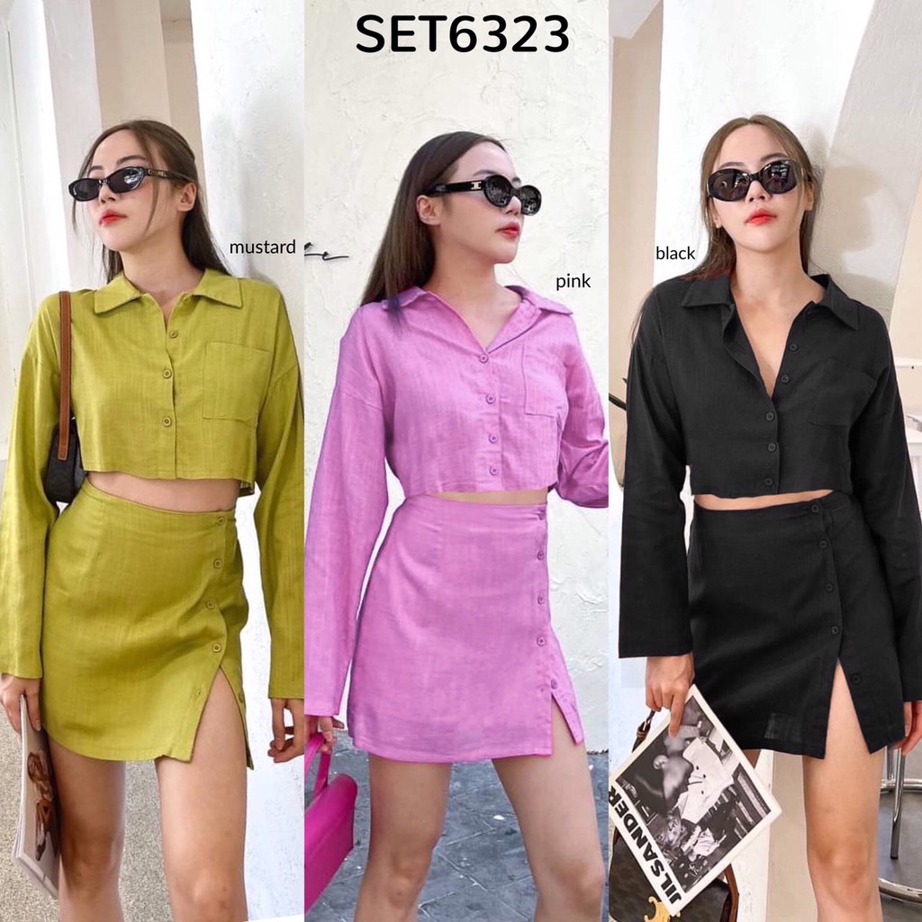 Setelan wanita Linen Crop Shirt & Slit Skirt Summer Set