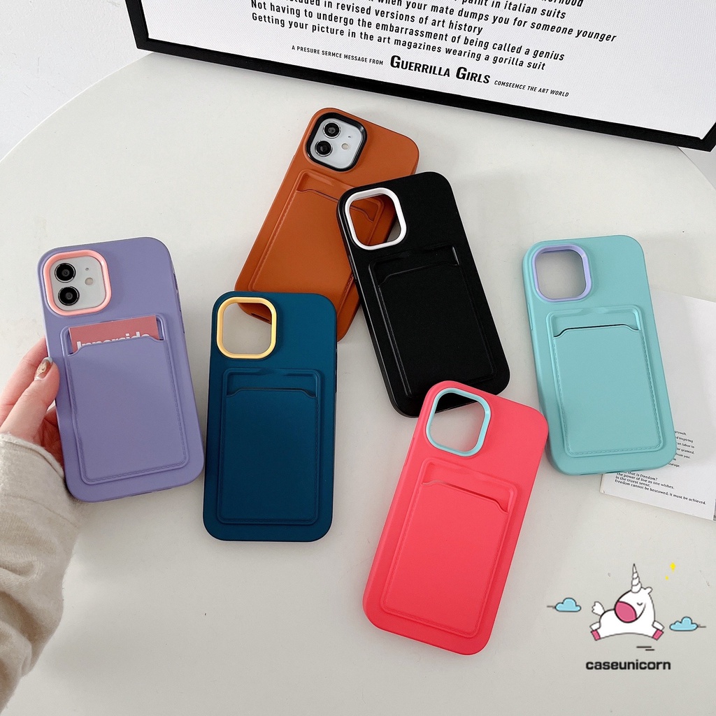 3 in 1 Soft Case Silikon Warna Permen Macaron Dengan Holder Kartu Untuk iPhone 11 12 13 14 Pro MAX 6 6S 7 8 Plus XR X XS MAX SE 2020