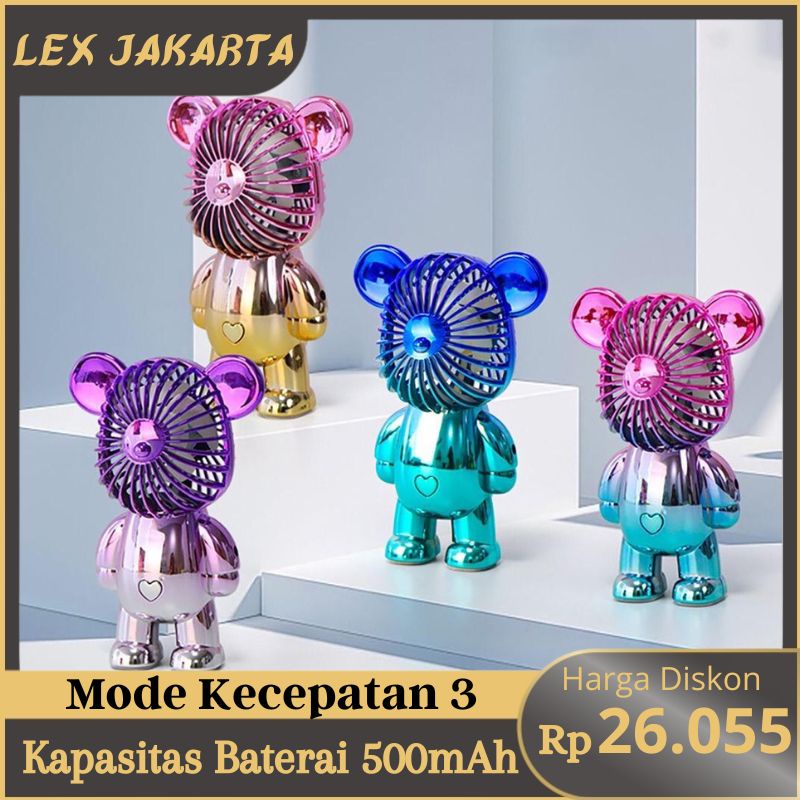 LEXJAKARTA  Kipas Angin Mini Portable / Mini Fan Karakter Beruang USB Cas / Kipas Angin Mini Beruang Alas Anti Slip Bagian