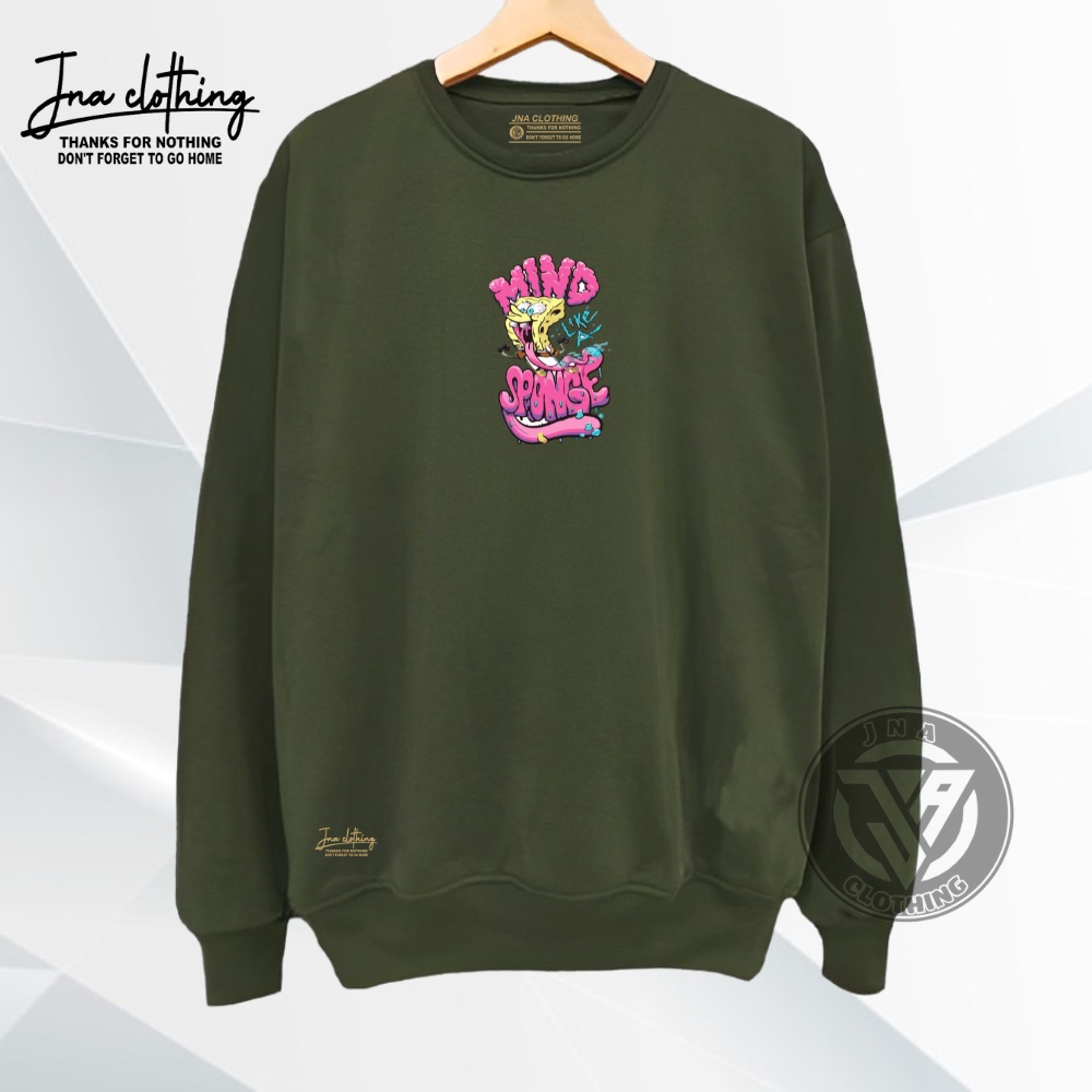 COD ! Crewneck Oversize Pria Hijau Army Sablon Anime Mind Sponge Original JNA Cloting Suiter Unisex Cowo Cewe Suwiter Cruneck