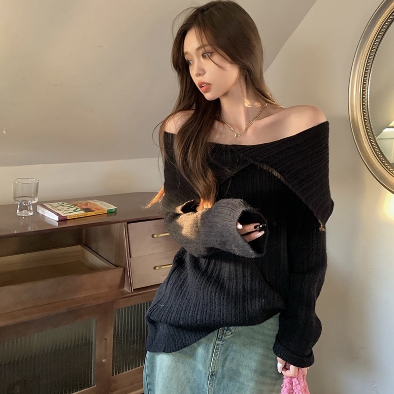 Suhao retro one-shoulder rajutan sweater wanita 2022 musim gugur dan musim dingin versi Korea baru longgar bagian dalam desain sweater lengan panjang top