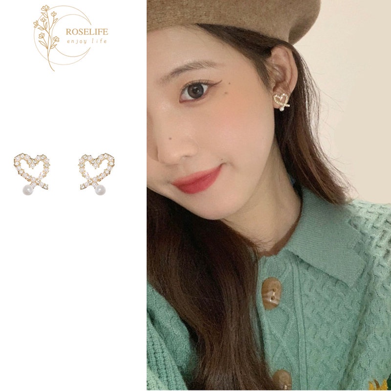 Roselife Anting Tusuk Gantung Wanita Desain Hati Hollow Hias Zircon + Mutiara Gaya Korea Untuk Hadiah