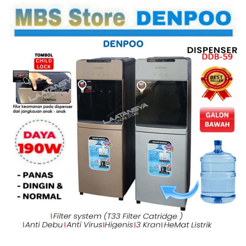Jual DISPENSER DENPOO GALON BAWAH FILTER T33 PIPA STAINLESS STEEL LOW WATT 190W NON COMPRESOR
