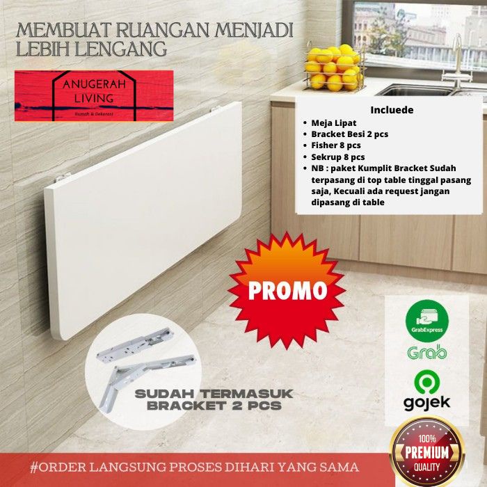 TERMURAH Meja Siku Lipat Dinding 80x40 PVC Sheet Atas Bawah Bracket Terpasang Di Papan Tinggal Pasan