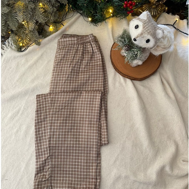 Po Mimi & Milo Khaki Plaid Cotton pajamas pants celana tidur piyama
