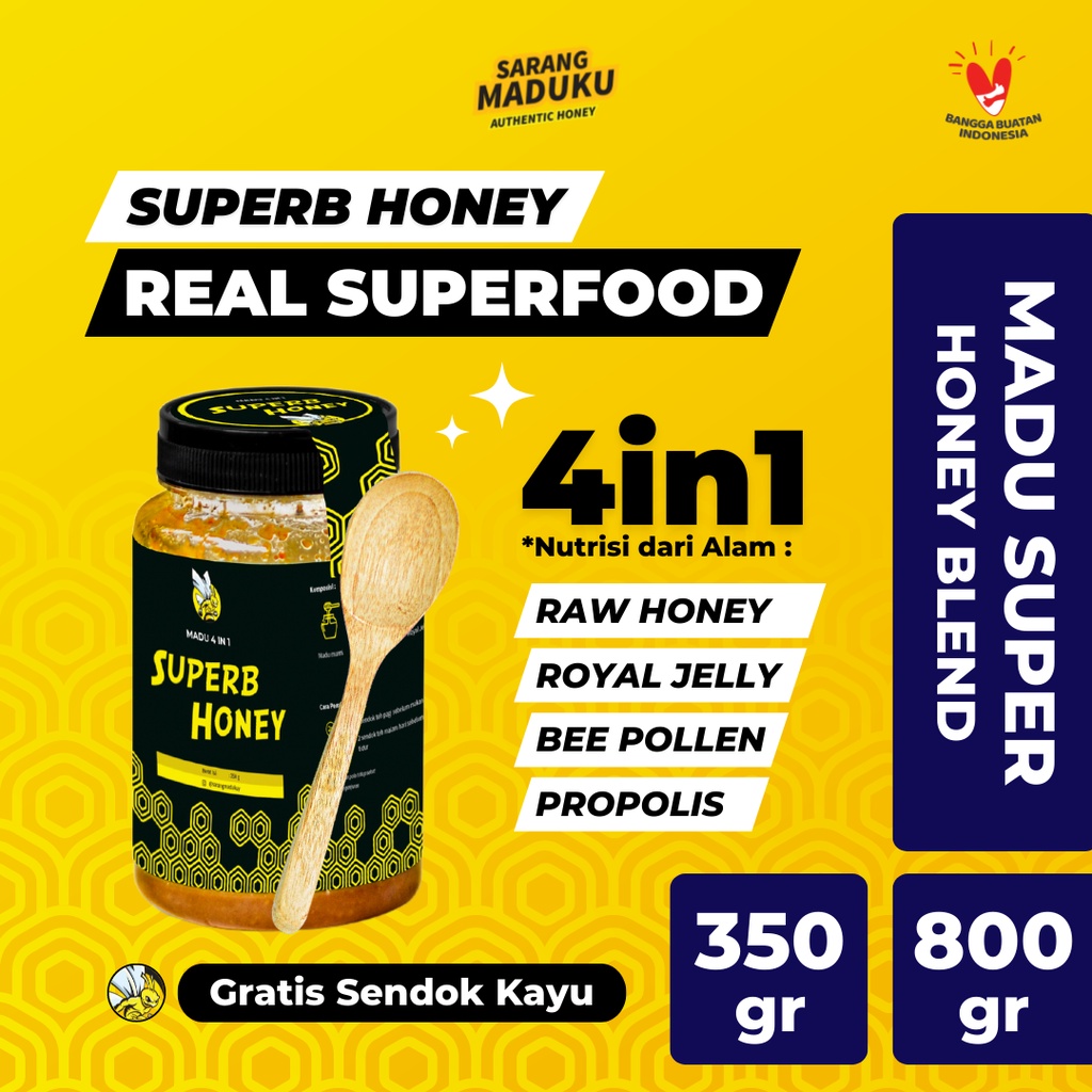 

Sarang Maduku - Madu Royal Jelly Bee Pollen Propolis - Madu Super 4in1 - Madu Asli - Superb Honey Raw Honey