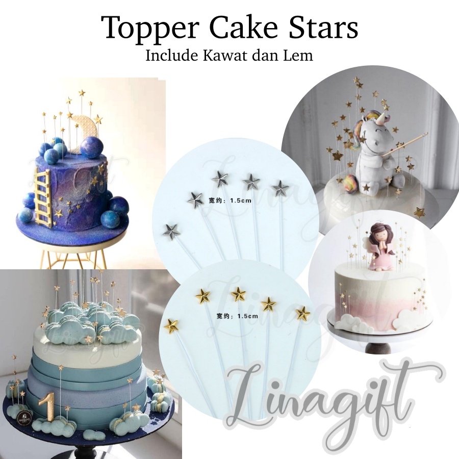 ( 10 Pcs ) STARS CAKE TOPPER 3D GOLD SILVER - TOPPER HIASAN KUE BINTANG EMAS PERAK