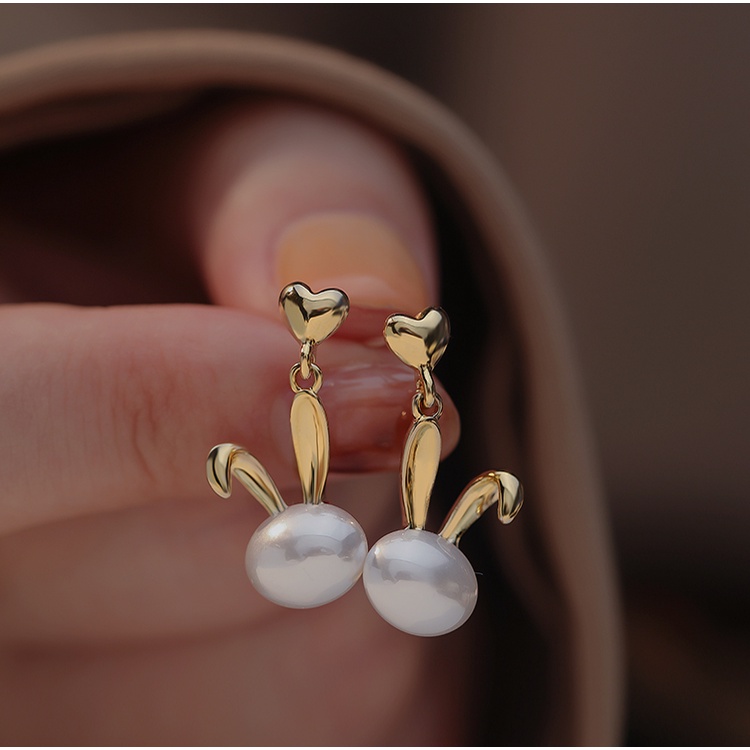 Anting Stud Desain Kelinci Aksen Mutiara Bahan S925 Silver Untuk Wanita