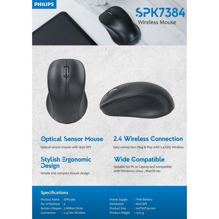 Mouse Philips M-384 Wireless 1600DPI Ergonomic Design - PHILIPS M384